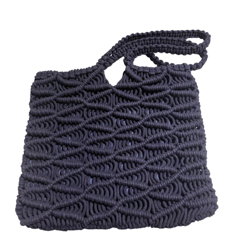 C&C California Macrame Tote Bag Crochet Navy Blue Shoulder Lined Boho Purse